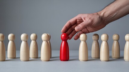 Hand selecting a single bright red wooden pawn figure from a line of identical unpainted wooden pawns representing unique choice and individuality