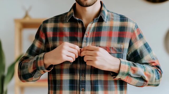 Man buttons plaid shirt