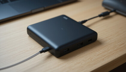 Black Portable SSD Drive with Cables Connected on Wooden Surface.