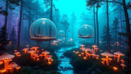Discover serene forest cabins nestled amongst glowing mushrooms and tranquil stream for an enchanting retreat
