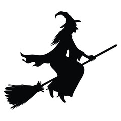 Silhouette of witch riding The Broom Isolated On White Background. Vector eps editable file Illustration