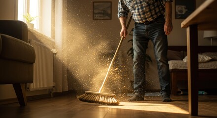 Man sweeps dust with a broom in sunlit living room interior