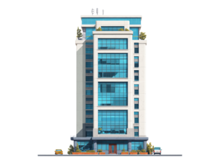 Tall white office building with blue glass windows and rooftop antennas architecture, Isolated, Transparent Png