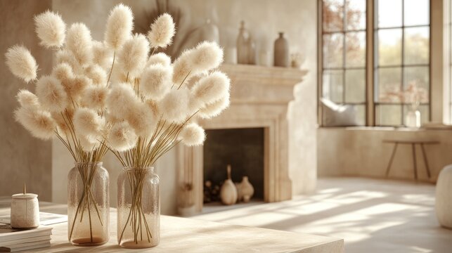 Rustic, airy living room with fluffy pampas grass
