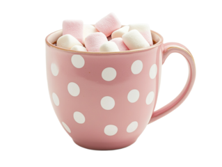 Pink polka dot mug filled with marshmallows isolated on white background