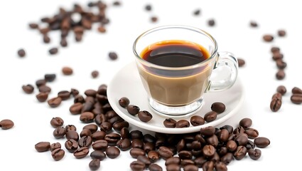 Naklejka premium Espresso shot in a small glass cup on a saucer, dark roasted coffee beans nearby, clean white background