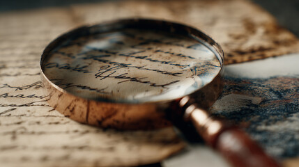A macro shot of a magnifying glass over a faded image strip with handwritten notes