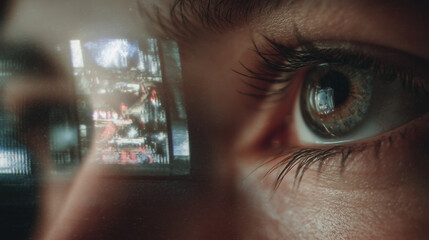 A shot of a personâs eyes reflecting vintage footage on a monitor