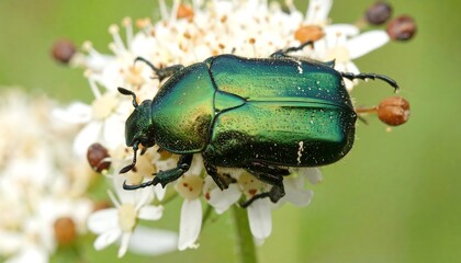 Naklejka premium Green beetle on white flower