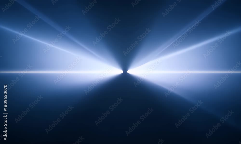 Poster abstract blue light beams emerging from central focus point with lens flare effect creating dynamic 