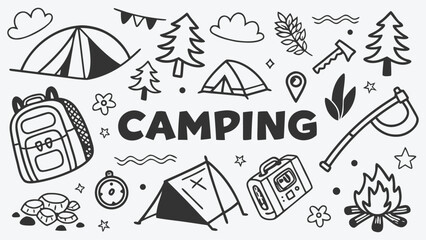 Hand-drawn Camping Doodle Set  Adventure, Nature,  Outdoors, Fun