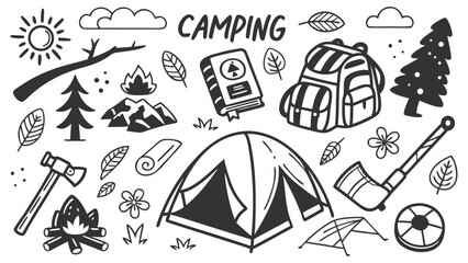 Hand-drawn Camping Equipment Icons  Tent, Backpack, Axe, and Fire.