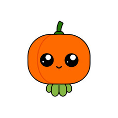 Cute kawaii pumpkin character with big eyes and green stem
