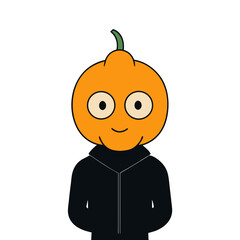 Cartoon pumpkin character wearing a black hoodie