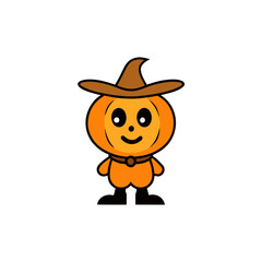 Cute cartoon pumpkin character wearing a witch hat