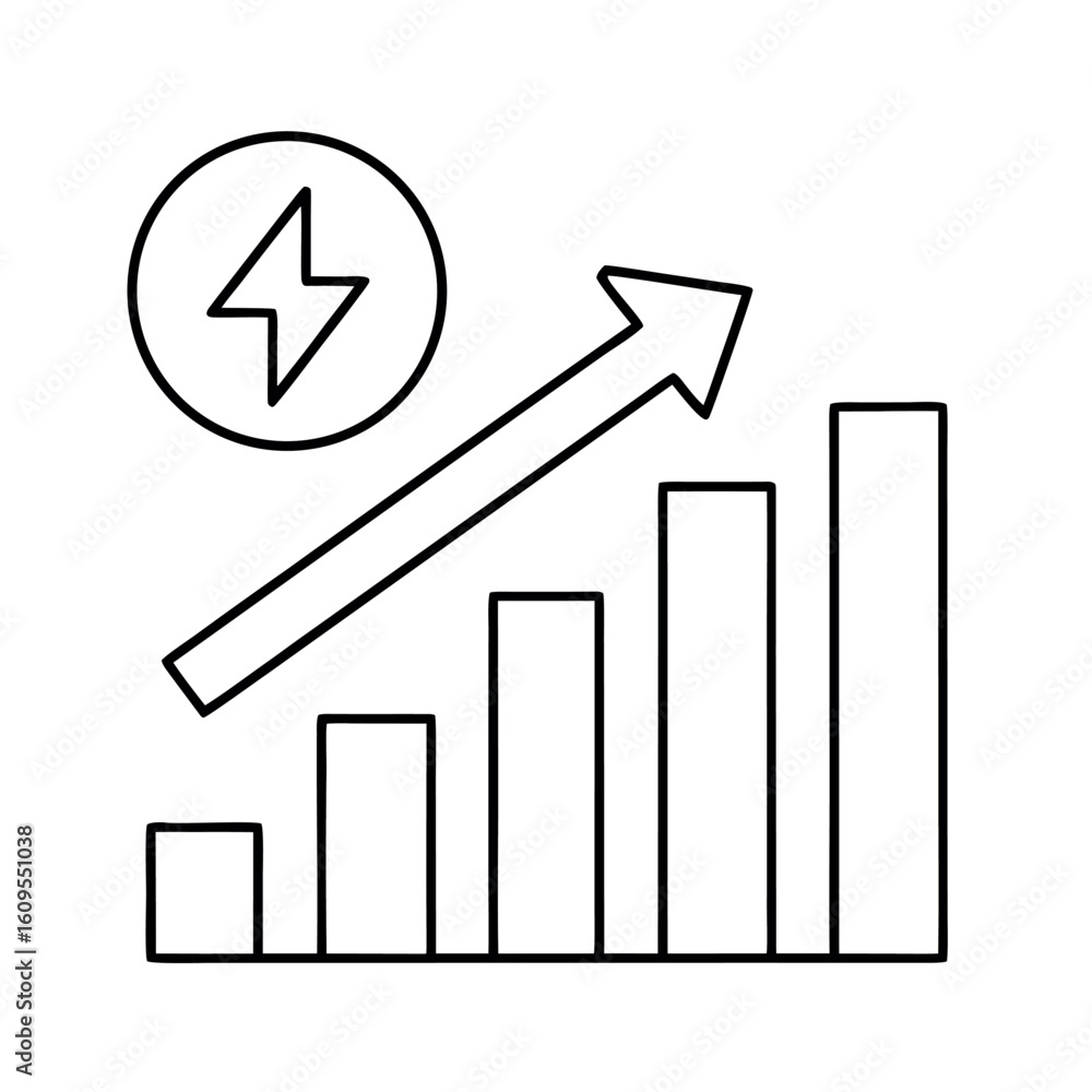 Poster rising bar graph chart depicting power consumption with blue and red elements