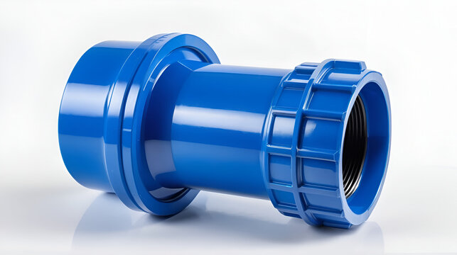 Blue PVC reducing socket for water supply pipe fitting on white background isolated.