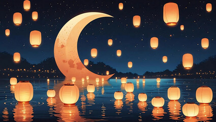Fototapeta premium Lanterns and Moonlight Serenade: Floating lanterns illuminate a tranquil lake under the gentle glow of a crescent moon in a serene illustration. Capture the magic and serenity of an enchanting night.