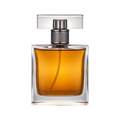 Luxury amber perfume in a square glass bottle with silver cap.  Concept of beauty, elegance, and fragrance.