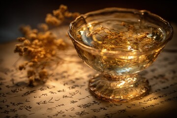 Warm-toned still life of an antique crystal goblet filled with water and dried flowers, resting on a page of calligraphy; soft, golden light