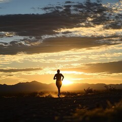 A silhouette of a runner captured against the vibrant colors of a desert sunrise, embodying determination and solitude.
