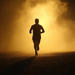 A silhouette of a runner captured against the vibrant colors of a desert sunrise, embodying determination and solitude.
