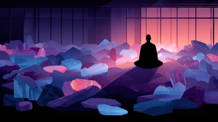 Silhouetted figure meditating amidst colorful rocks