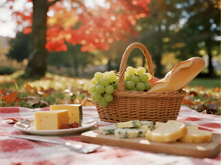 A bright autumn picnic scene featuring a wicker basket with grapes and baguette, alongside plates of cheese on a red and white checkered blanket.