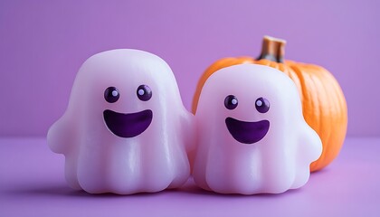 Obraz premium Two cute white ghost figures with purple mouths and eyes next to an orange pumpkin halloween