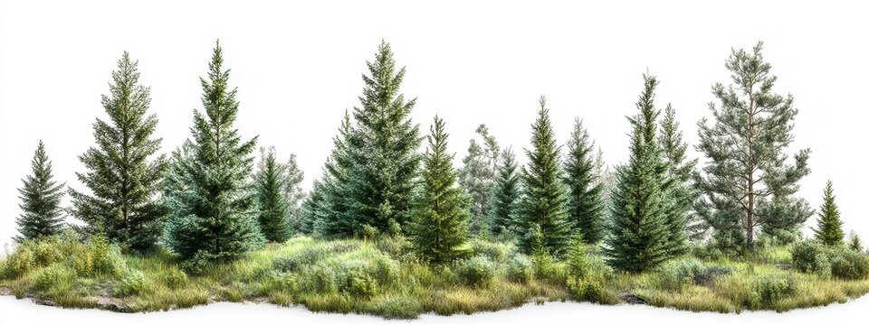 The high-quality visualization features a forest of fir trees and conifers in 3D render, complete with plants and a cutout, shot using a 200mm lens