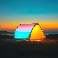 A smart tent that gradually changes color with the sunrise, blending seamlessly into the natural morning light.

