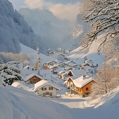 A charming snow-covered village nestled peacefully in the majestic Alps, surrounded by towering, icy peaks.

