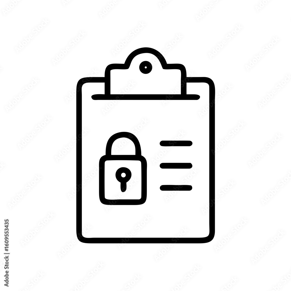 Poster clipboard with a padlock and three horizontal lines in a simplistic black and white outline drawing 