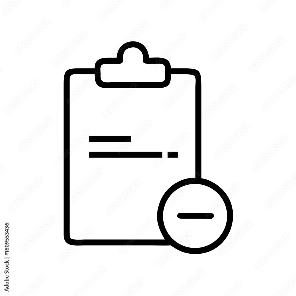 Poster a simple line drawing of a clipboard with document and a circle with a minus sign on the bottom righ