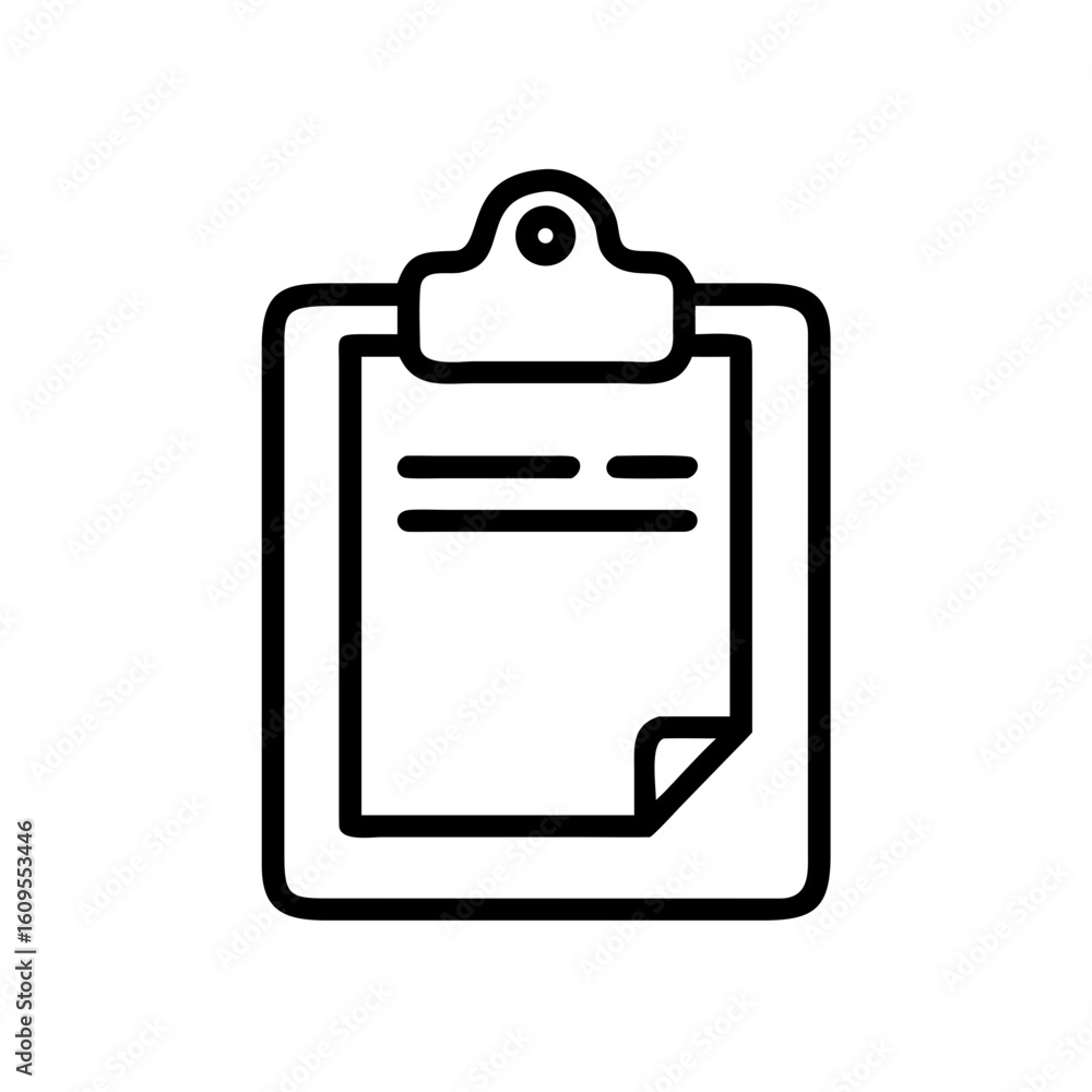 Poster illustration of a clipboard with a document and lines of text in a simple black and white style
