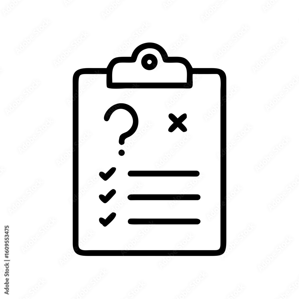 Poster clipboard with question mark, cross, and check marks in black outline style for task management and 