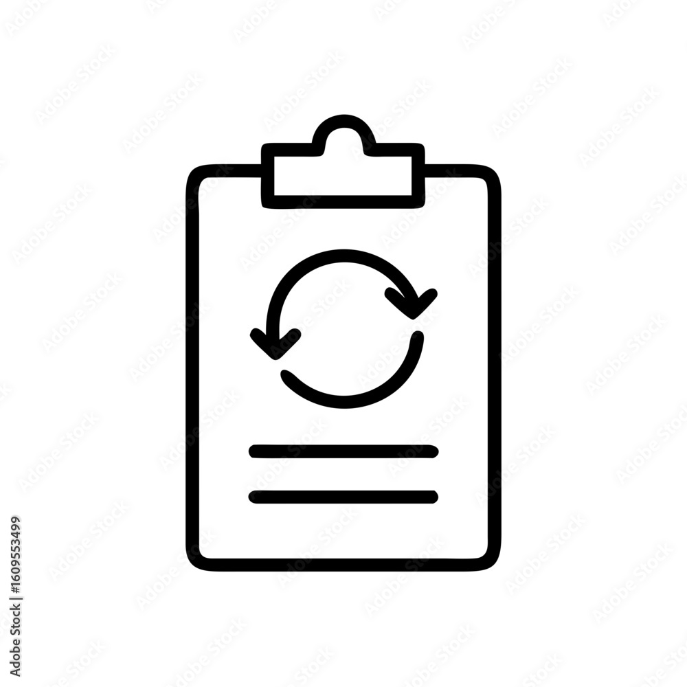 Poster clipboard with circular arrows and two lines indicating text in a simple black outline design style 