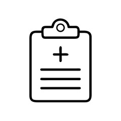 Obraz premium A medical clipboard icon with a plus sign and horizontal lines in a simple black and white design style