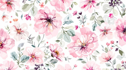 Repeating floral pattern features pink, purple, and blue flowers with green leaves and stems on a light beige background.
