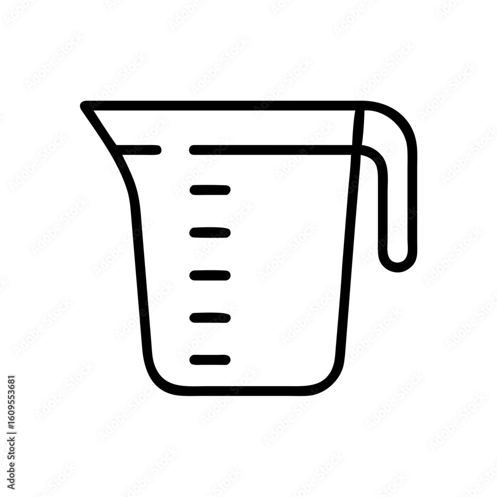 Poster illustration of a measuring cup with a handle and measurement lines in a simple black outline style