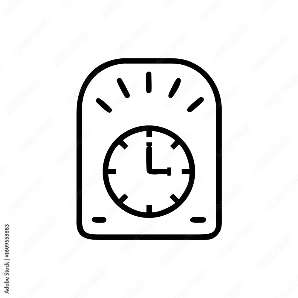 Poster illustration of a black and white alarm clock with a rounded rectangular frame and time at twelve th