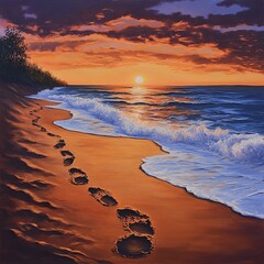 A peaceful sunset beach walk, with footprints trailing softly in the warm sand as the sky glows in shades of orange and pink.
