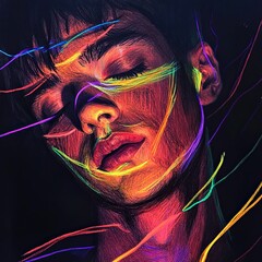 A teen creating vibrant colored light lines that visually express emotions, blending art with dynamic energy.
