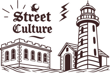 Obraz premium Lighthouse and castle building with street culture text
