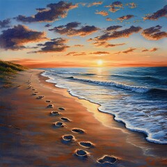 A peaceful sunset beach walk, with footprints trailing softly in the warm sand as the sky glows in shades of orange and pink.
