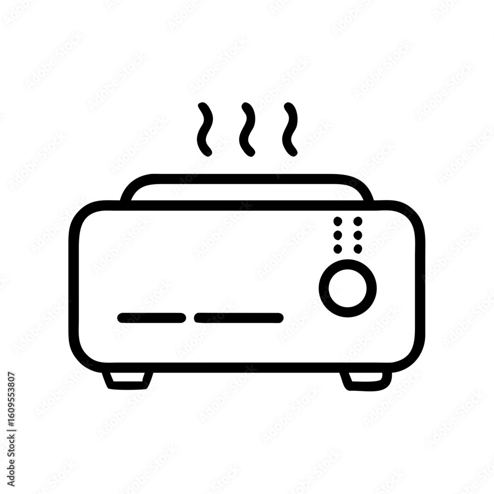Poster outline drawing of a rectangular humidifier emitting steam with button and indicator lights on white