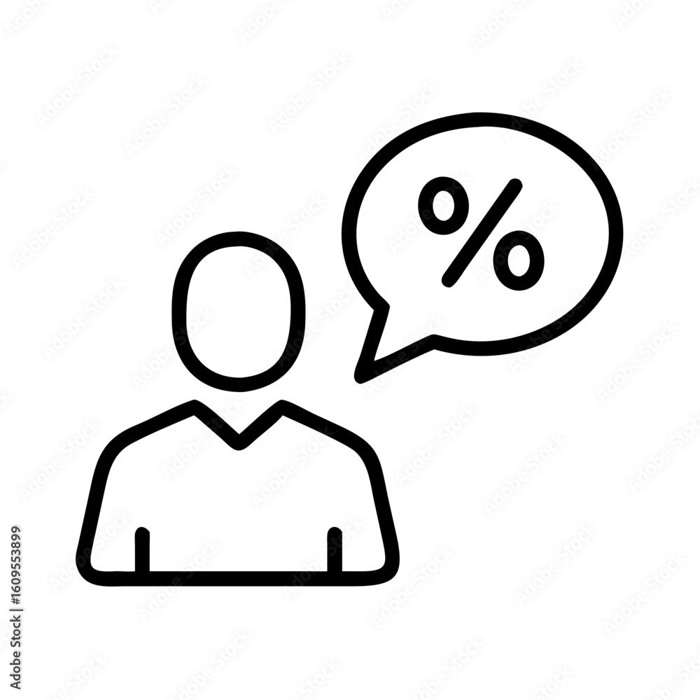 Poster person icon with a speech bubble containing a percentage symbol in a simple black and white design s