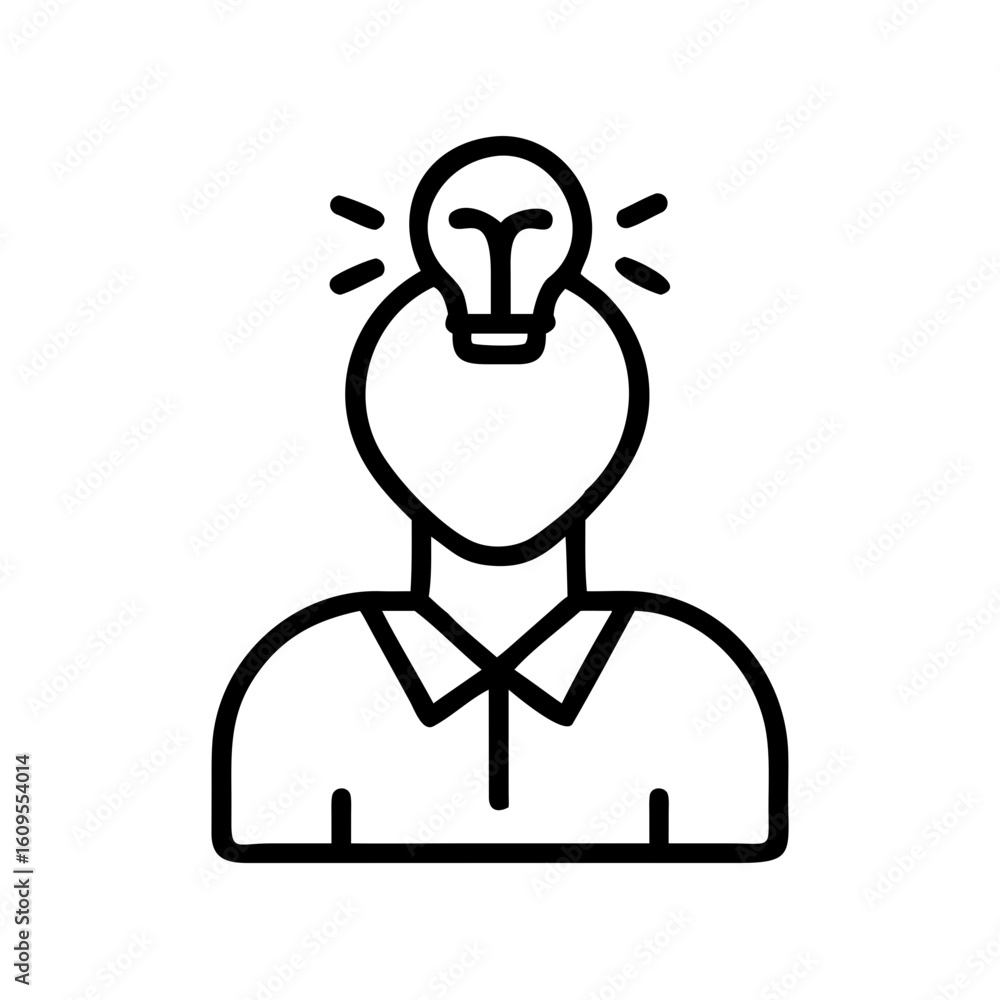 Poster person with lightbulb above head representing idea generation and creative thinking concept in outli