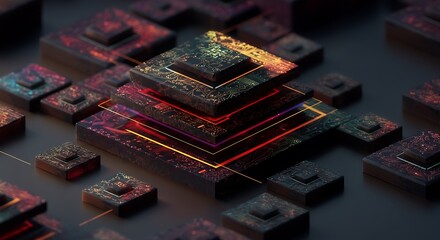 Futuristic technology concept with layered circuit boards and neon glow reflecting innovation and advanced digital infrastructure for data processing and AI