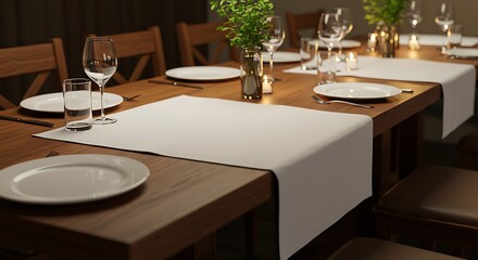 Elegant Table Setting: A beautifully set dining table, adorned with pristine white linens, delicate glassware, and fresh greenery, ready for a refined meal in an ambient atmosphere.